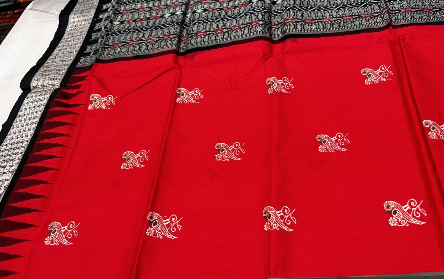 Beautiful parrot motifs on all over body Red black Bomkai Silk Saree with blouse piece