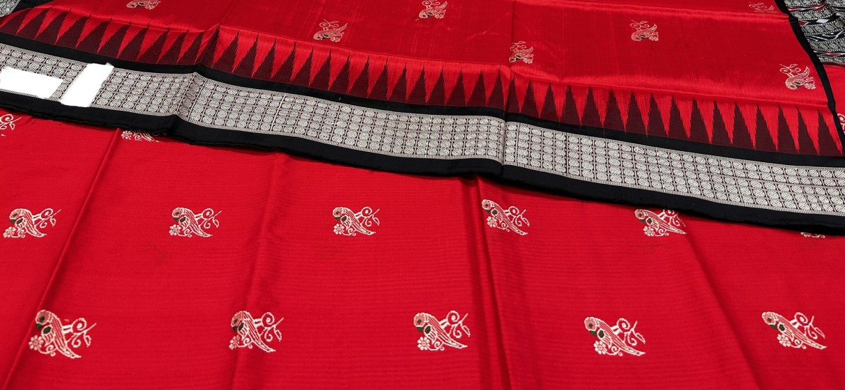 Beautiful parrot motifs on all over body Red black Bomkai Silk Saree with blouse piece