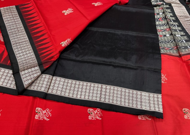 Beautiful parrot motifs on all over body Red black Bomkai Silk Saree with blouse piece