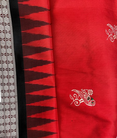 Beautiful parrot motifs on all over body Red black Bomkai Silk Saree with blouse piece