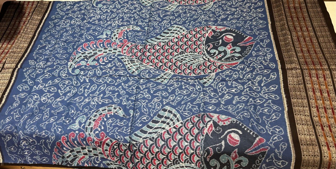 Masterfully crafted fish motifs body n border with conch motifs Aanchal cotton Ikat saree with blous