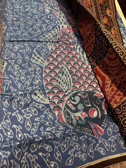 Masterfully crafted fish motifs body n border with conch motifs Aanchal cotton Ikat saree with blous