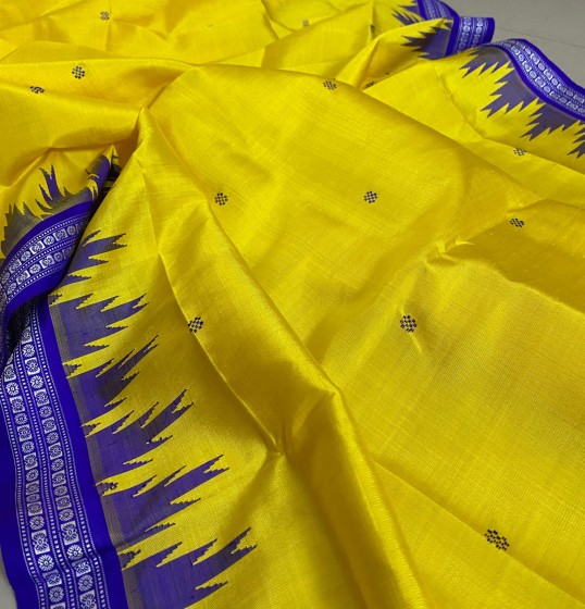 Yellow and blue combination heavy thread work double Aanchal Berhampuri silk saree with blouse piece