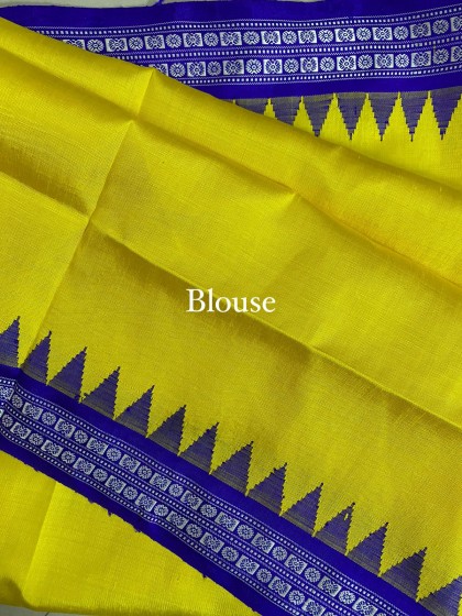 Yellow and blue combination heavy thread work double Aanchal Berhampuri silk saree with blouse piece