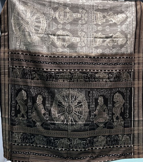 Divine Tapestry Temple Inspired Ikat Cotton Saree with Chakra Dancer elephant and Lion Motifs