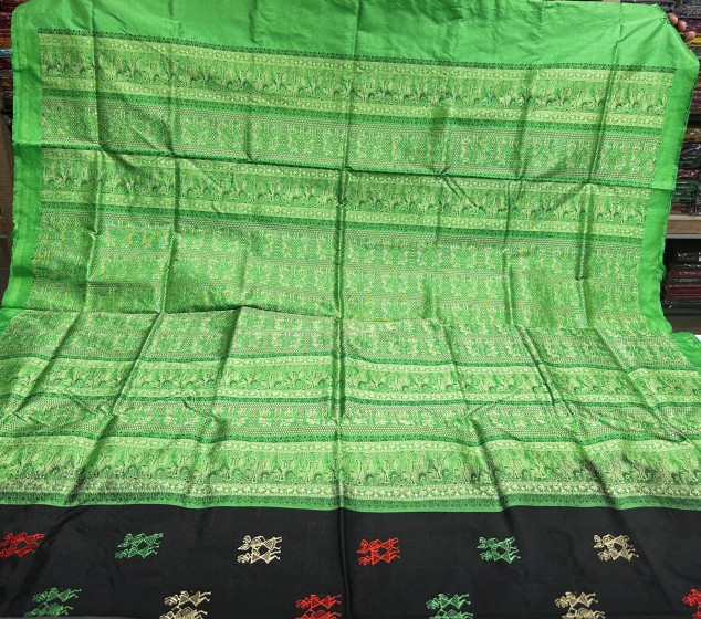 Black and green combination tribal motifs Bomkai Silk saree with blouse piece