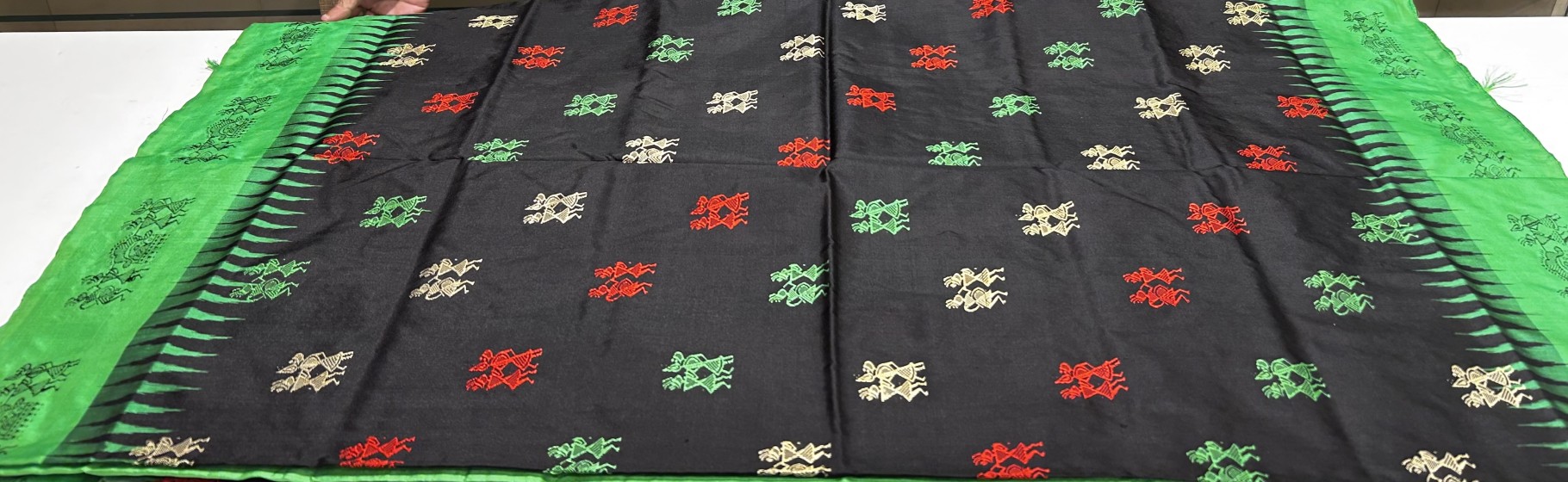 Black and green combination tribal motifs Bomkai Silk saree with blouse piece