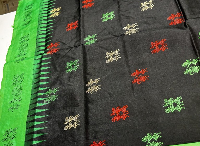 Black and green combination tribal motifs Bomkai Silk saree with blouse piece