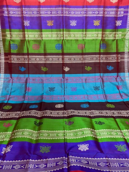 Exclusively woven fish buta body with multicoloured border double Aanchal Berhampuri Saree