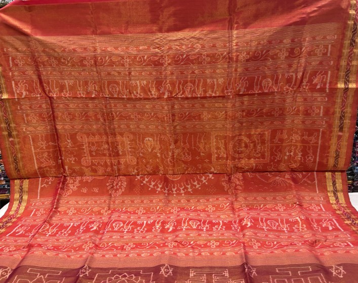 Yantra theme body with tribal Aanchal tissue silk Ikat saree with blouse piece