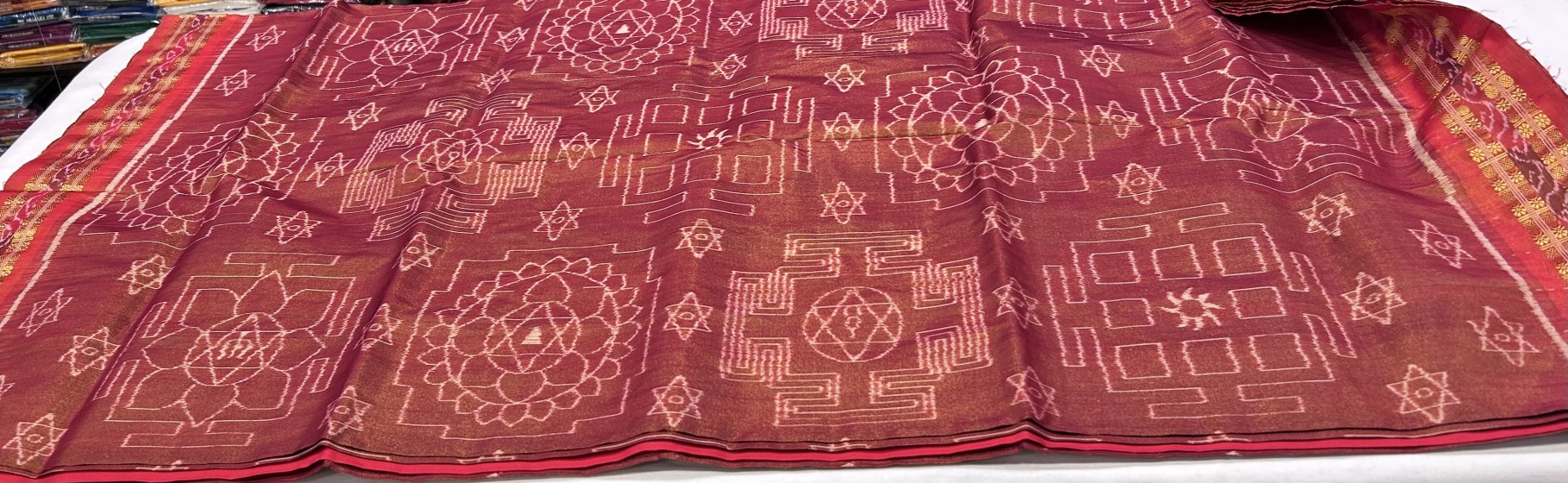 Yantra theme body with tribal Aanchal tissue silk Ikat saree with blouse piece