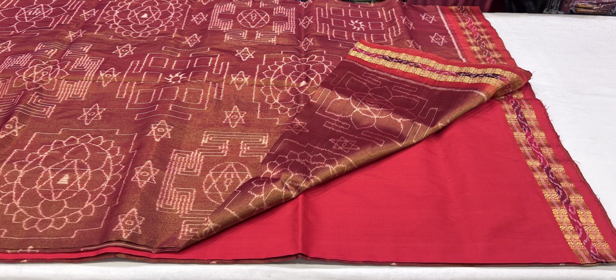 Yantra theme body with tribal Aanchal tissue silk Ikat saree with blouse piece