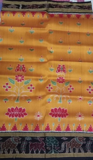 Animal motifs Aanchal border with lotus n butterfly motifs on body Khandua silk saree without  blous