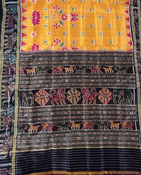 Animal motifs Aanchal border with lotus n butterfly motifs on body Khandua silk saree without  blous