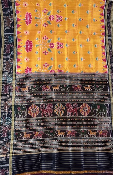 Animal motifs Aanchal border with lotus n butterfly motifs on body Khandua silk saree without  blous