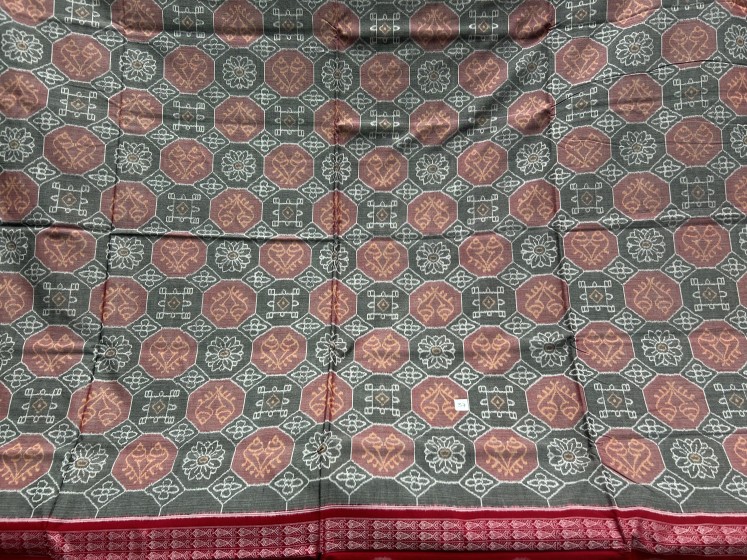 Flower motifs border and Aanchal Laxmi Pooja theme motifs body Cotton Ikat saree with blouse piece