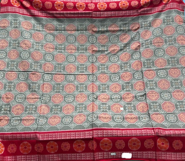 Flower motifs border and Aanchal Laxmi Pooja theme motifs body Cotton Ikat saree with blouse piece