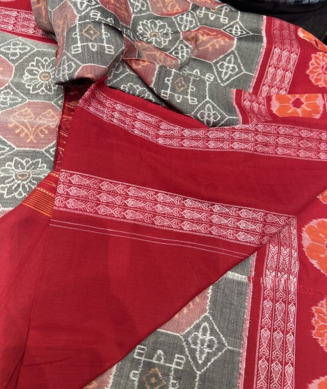 Flower motifs border and Aanchal Laxmi Pooja theme motifs body Cotton Ikat saree with blouse piece