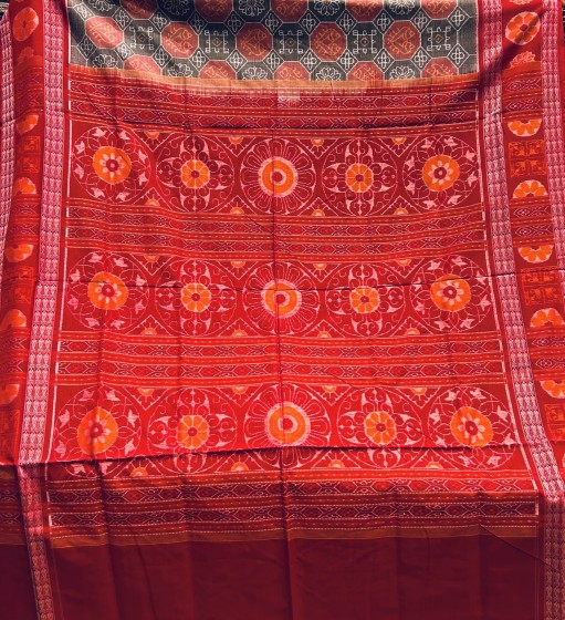 Flower motifs border and Aanchal Laxmi Pooja theme motifs body Cotton Ikat saree with blouse piece