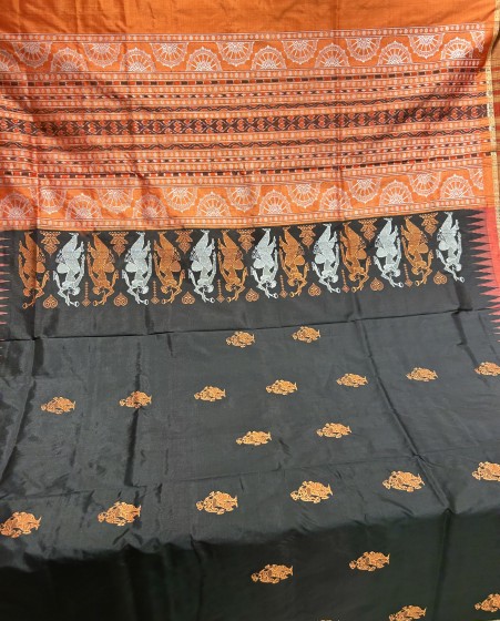 Exclusively woven Pattachitra figure motifs Bomkai Silk saree with blouse piece