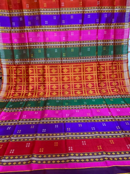 Phoda kumbha border with multicolour double Aanchal Berhampuri Silk saree with blouse piece