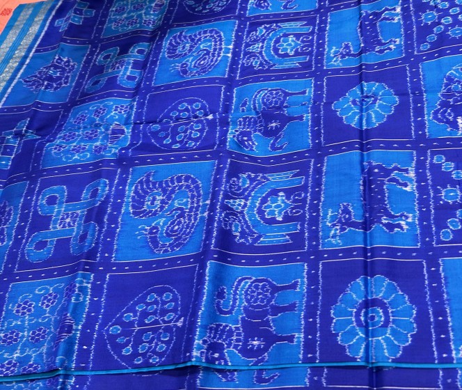 Intricately woven tribal Aanchal Sambalpuri Nabakothi Ikat silk saree with blouse piece