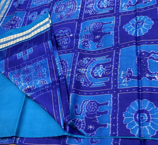 Intricately woven tribal Aanchal Sambalpuri Nabakothi Ikat silk saree with blouse piece