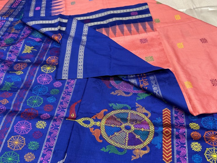 Exquisite exclusively woven Nilachakra theme Bomkai Silk Saree with Blouse piece