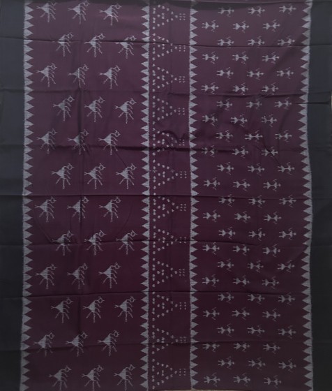 Tribal and bird motifs maroon and black combination Cotton Ikat saree without blouse piece