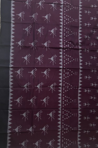 Tribal and bird motifs maroon and black combination Cotton Ikat saree without blouse piece