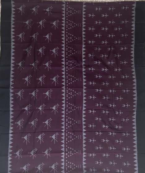 Tribal and bird motifs maroon and black combination Cotton Ikat saree without blouse piece