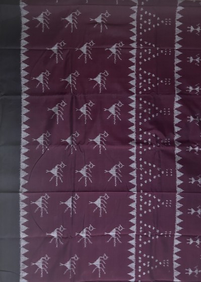 Tribal and bird motifs maroon and black combination Cotton Ikat saree without blouse piece