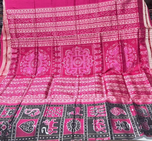 Exquisite Black and Pink Sambalpuri Nabakothi Silk Saree with blouse piece