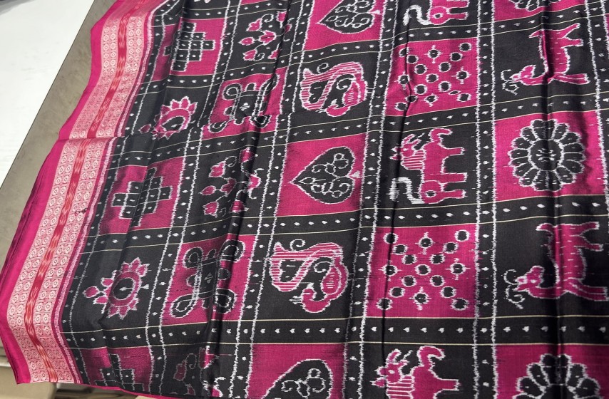 Exquisite Black and Pink Sambalpuri Nabakothi Silk Saree with blouse piece