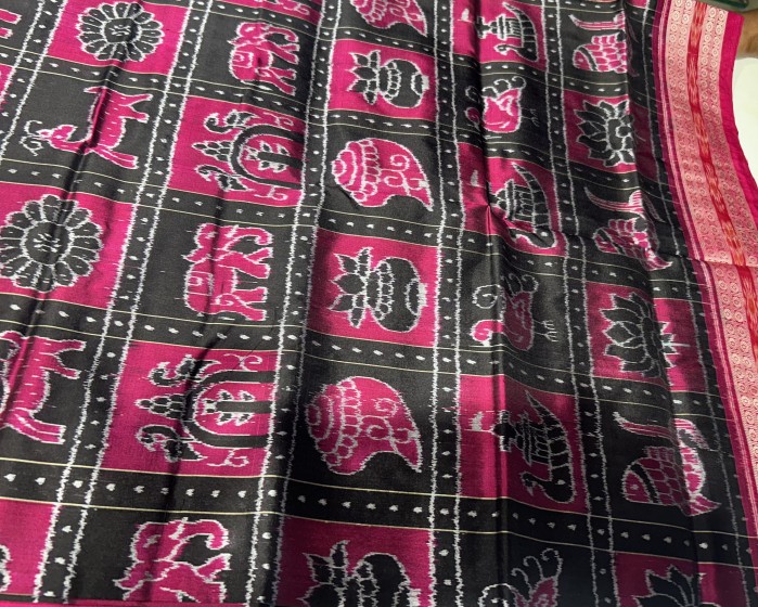 Exquisite Black and Pink Sambalpuri Nabakothi Silk Saree with blouse piece