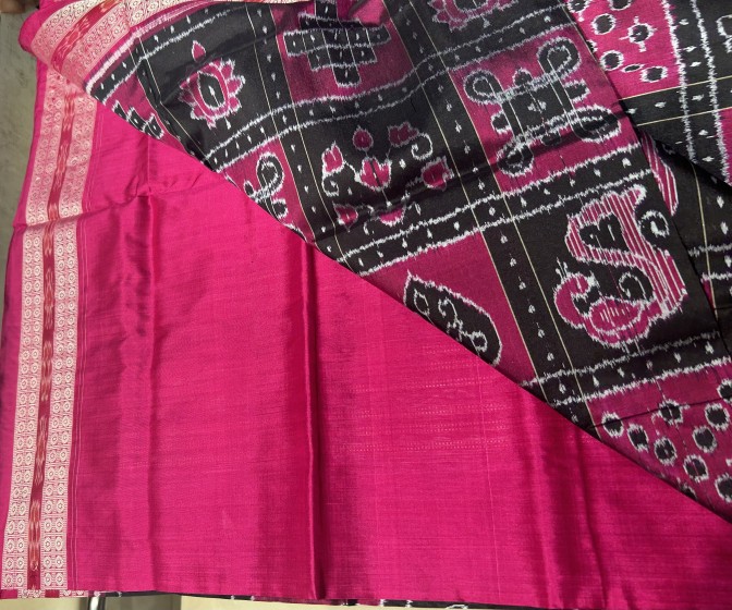 Exquisite Black and Pink Sambalpuri Nabakothi Silk Saree with blouse piece