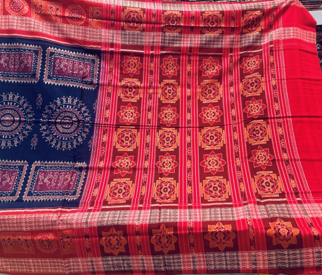 Exclusively woven tribal motifs theme cotton Ikat saree with blouse piece