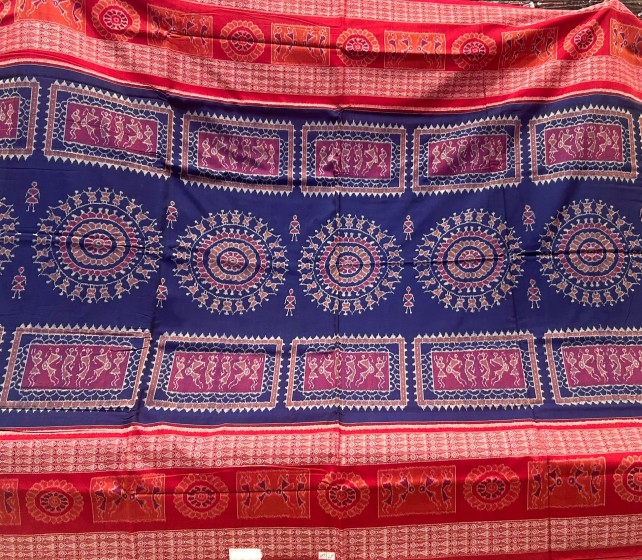 Exclusively woven tribal motifs theme cotton Ikat saree with blouse piece