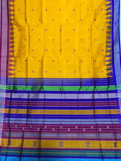 Ganga Jamuna border double Aanchal beautiful yellow color Berhampuri silk saree with blouse piece