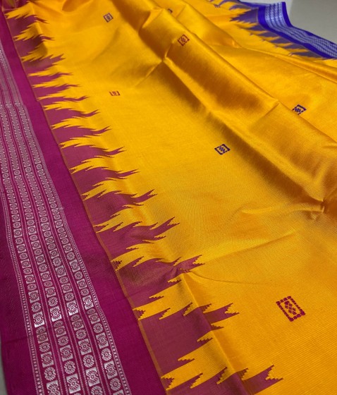 Ganga Jamuna border double Aanchal beautiful yellow color Berhampuri silk saree with blouse piece