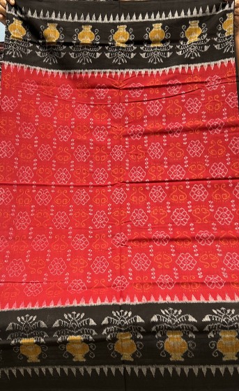 Beautiful Laxmi feet body with flower pot border cotton Ikat saree with blouse piece