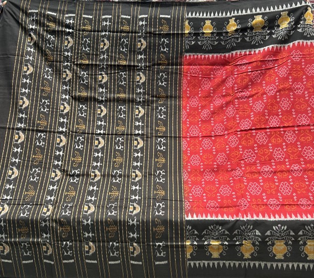 Beautiful Laxmi feet body with flower pot border cotton Ikat saree with blouse piece