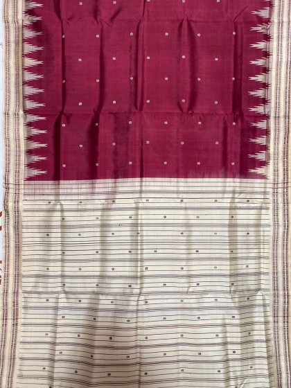 Maroon and cream combination phoda kumbha border buti body and double Aanchal Berhampuri silk saree