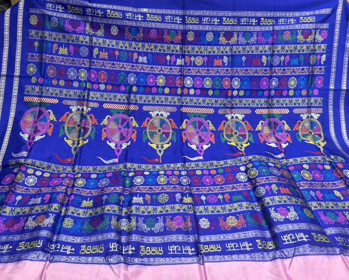 Exquisite weave wheel n other motifs Nilachakra theme Bomkai Silk saree with blouse piece