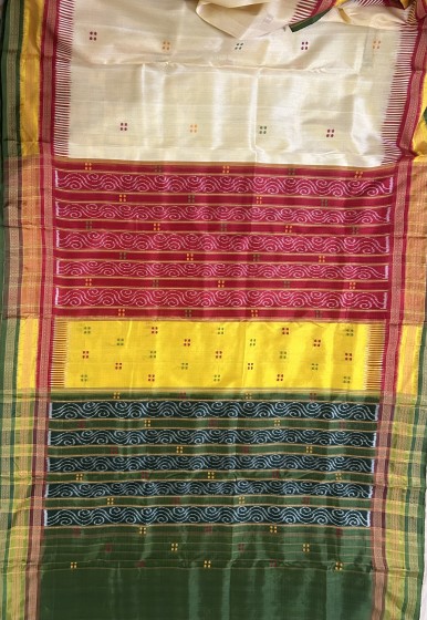 Red yellow green Aanchal and border Khandua silk Ikat kathiphera saree with blouse piece