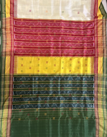 Red yellow green Aanchal and border Khandua silk Ikat kathiphera saree with blouse piece