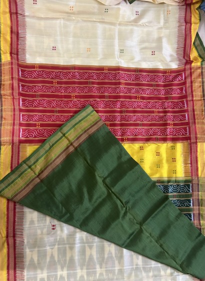 Red yellow green Aanchal and border Khandua silk Ikat kathiphera saree with blouse piece