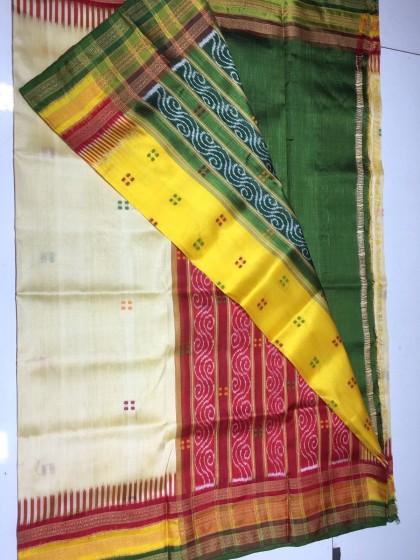 Red yellow green Aanchal and border Khandua silk Ikat kathiphera saree with blouse piece