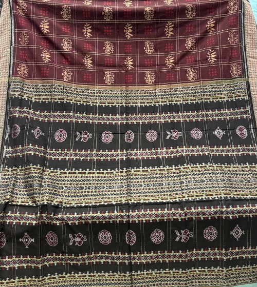 Rudraksha and flower buti border with lotus motifs body Cotton Ikat saree with Blouse piece