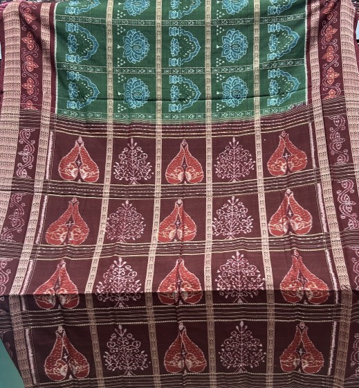 Thick border with tree n peacock motifs Aanchal and lotus motifs body cotton Ikat saree with blouse